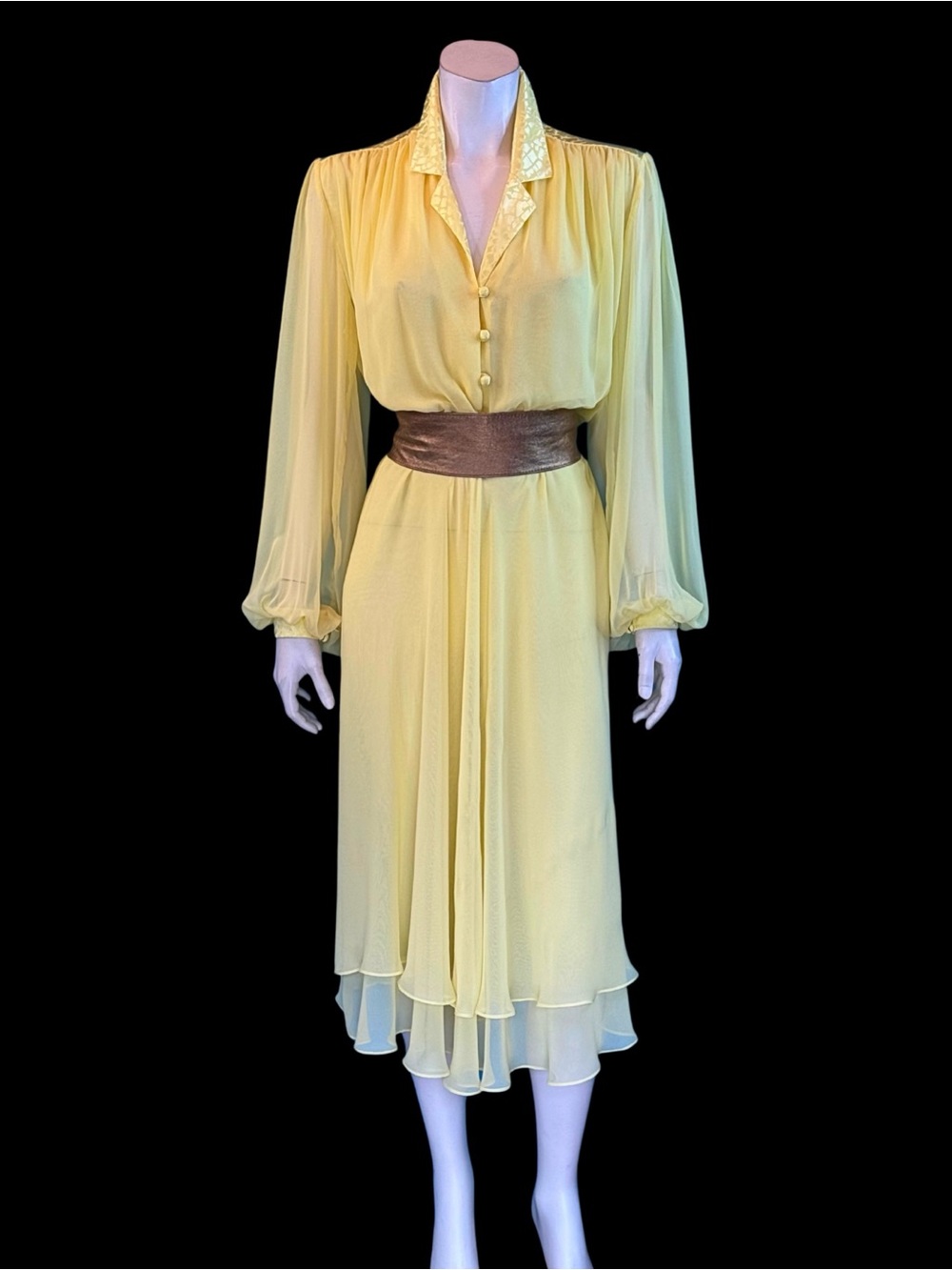 1980s Canary Yellow XANADU Animal Print Silk Chiffon Dress | M